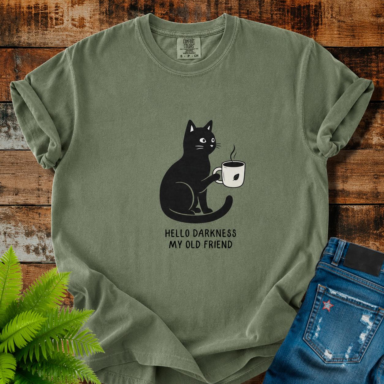 Comfort Colors Black Cat Coffee T-Shirt, Hello Darkness My Old Friend Graphic Tee, Funny Introvert Cat Lover Shirt, Cozy Gothic Aesthetic Top – The William
