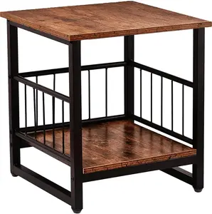 End Table, Industrial Side Table with 2-Tire Storage Shelf, 180LBS Mini Fridge Stand with Adjustable Feet, 18"x18" Wood Night Stand Small Bedside Table with Sturdy Metal Frame for Living Room Bedroom