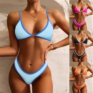 Women's Y2K Hot Neon Colorblock Bikini - Adjustable Straps, High-Cut Cheeky Bottom, Figure-Fitting Nylon Blend Beach Bathing Suit, 5-Color SwimTok Swimsuit