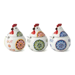 Ceramic Salt Cellar with Lid and Spoon, 13 OZ Large Chicken Salt Jar, Salt Holder for Counter, Coffee, Sugar, Spices and Candies, Salt Containers for Countertop (Green)