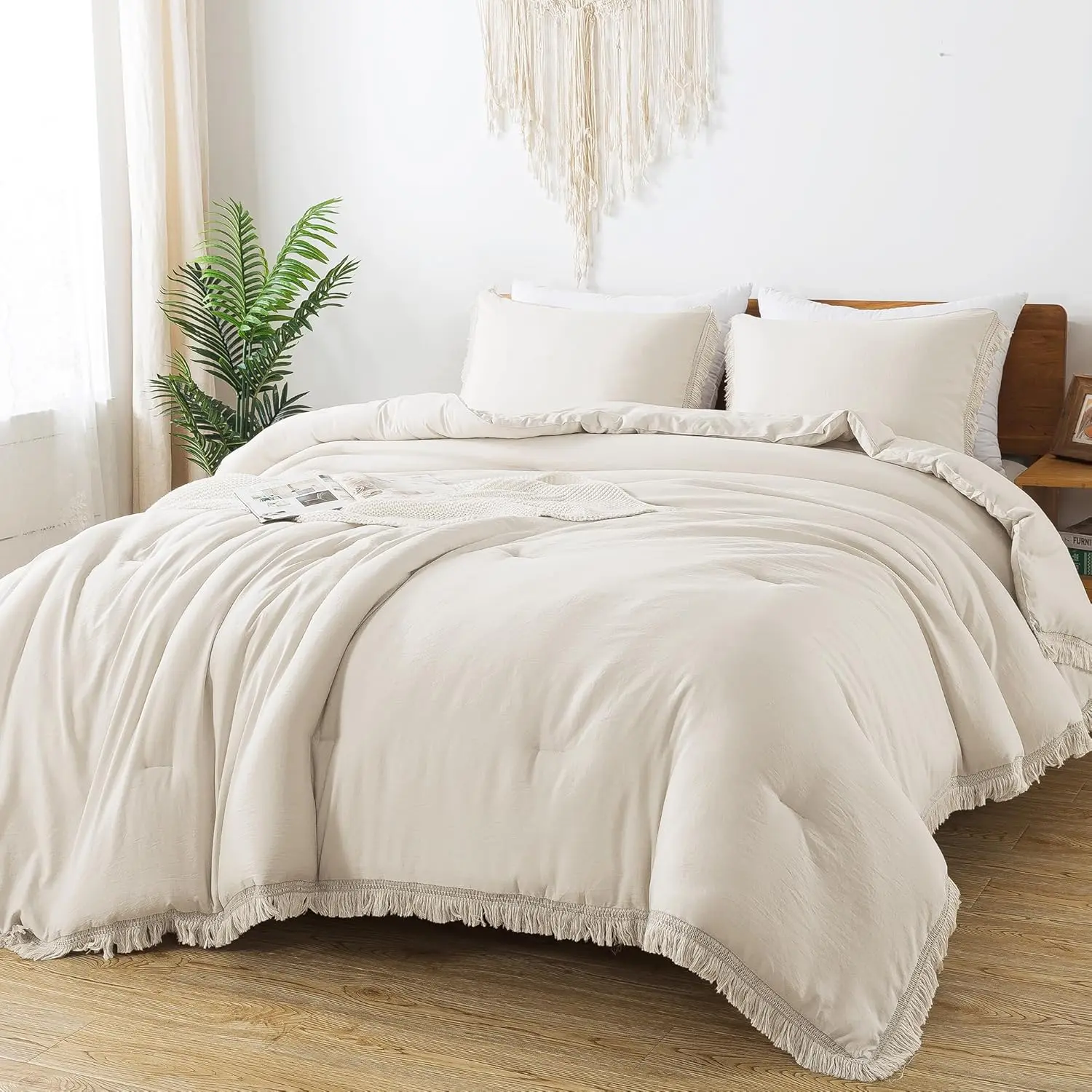California King Comforter Beige - 3 Cal King Boho Tassel Lightweight Comforter Sets, Oversized Fluffy (104x96In Comforter  2 Pillowcases)