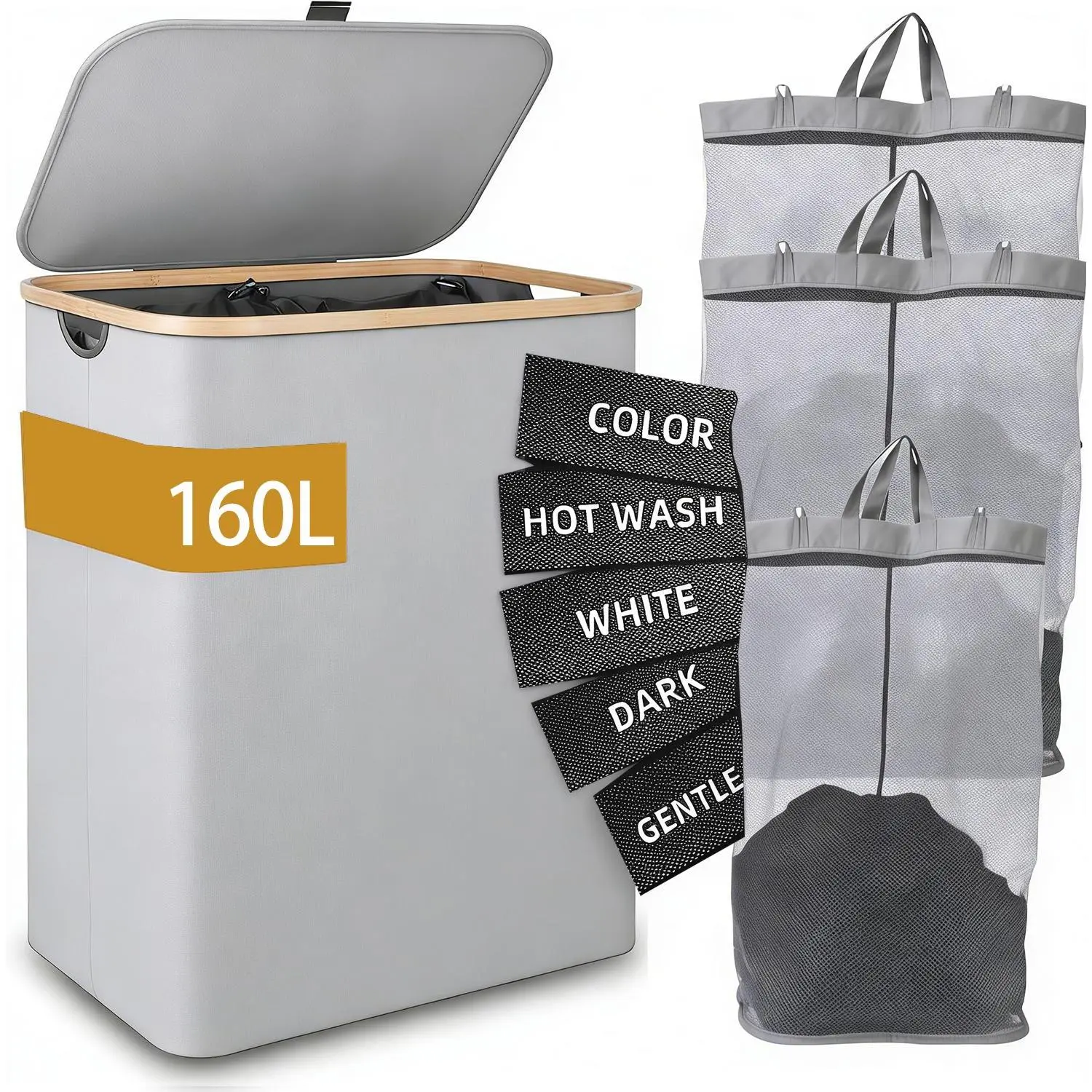 3-Section 160L Laundry Hamper Organizer with Lid, Sturdy Handle, Large Capacity Home Clothes Storage Basket