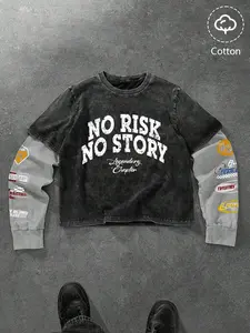 Men's Long Sleeve Mock Two-Piece T-Shirt, Fitted, Bold Graphic Print Front, Cotton Fabric, Comfortable, Perfect for Young Men, Casual Wear