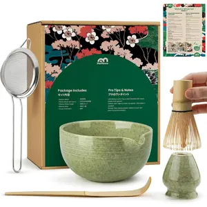 Complete 5 Pcs Matcha Whisk Set, Ceramic Bowl Handcrafted Bamboo Chasen, Stainless Steel Sifter Bamboo Scoop & Holder, Full Matcha Kit for Matcha Lovers
