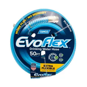 Camco 22596 50ft Length EvoFlex RV Fresh Water Hose - Lead-Free, BPA-Free, All-Seasons, Kink-Resist, Durable Flexible Material for RV Use, Safe for Community & Full Hookup Sites, Easy Storage