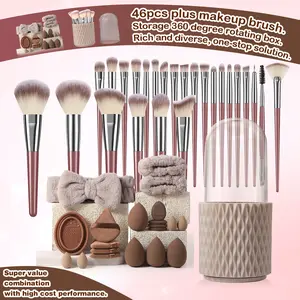 46PCS All-in-One Makeup Tools Set, 25PCS Professional Makeup Brushes, 4 Makeup Sponges, 4 Mini Makeup Sponges, 4 Triangle Powder Puffs, 4 Mini Air Cushion Puffs, Makeup Brush Cleaning Tool, Storage Bucket, Hairband and Hand Bowl Straps