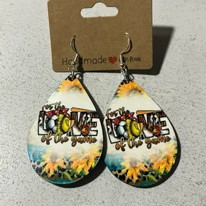 Handmade with Love For the Love of the Game Sunflower Design Teardrop Earrings