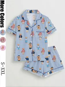 Women's Bear Print Pajama Set, Soft Shirt Short Sleeve Button-Down Top & Loose Elastic Shorts, Casual All Season Sleepwear Pajamas