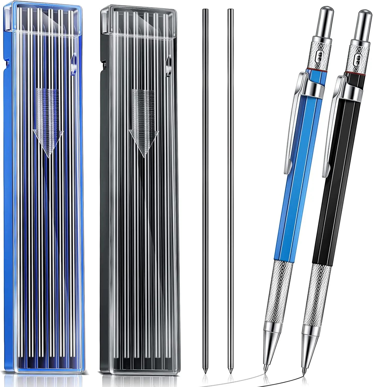 2 Pcs Silver Welders Pencil with 12 Pcs 2.0 Mm round Refills Metal Marker for Steel Marking Pen Mechanical Pencil Set for Construction, Welding Tools, Workers(Blue, Silver, Black) Gersoniel