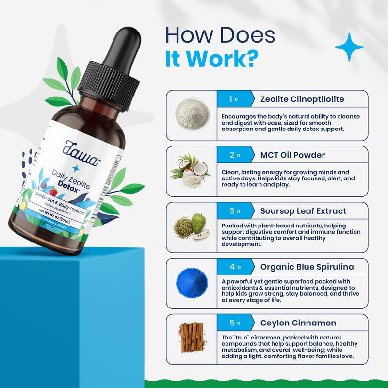 Dawa Zeolite Detox Liquid Drops - (5-in-1) Natural Daily Cleanse | With Blue Spirulina, Soursop & MCT | Energy, Mental Clarity, & Immune Support