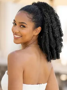 Kinky Curly Drawstring Ponytail Extension for Women, Natural Afro Puff Ponytail for Black Women, Synthetic Hair with Spiral Curls End, Clip In Ponytail Hairpiece, Natural Coily Wrap Ponytail for Daily Wear