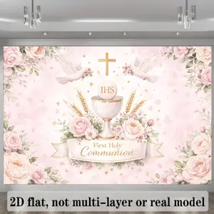 First Holy Communion Banner Backdrop Suitable for Weddings, Graduations & Religious Ceremonies - Golden Chalice, Cross, Bible, Pink Roses & Cloud Background with Soft Glow - Durable Decoration for Church Parties,summervibes