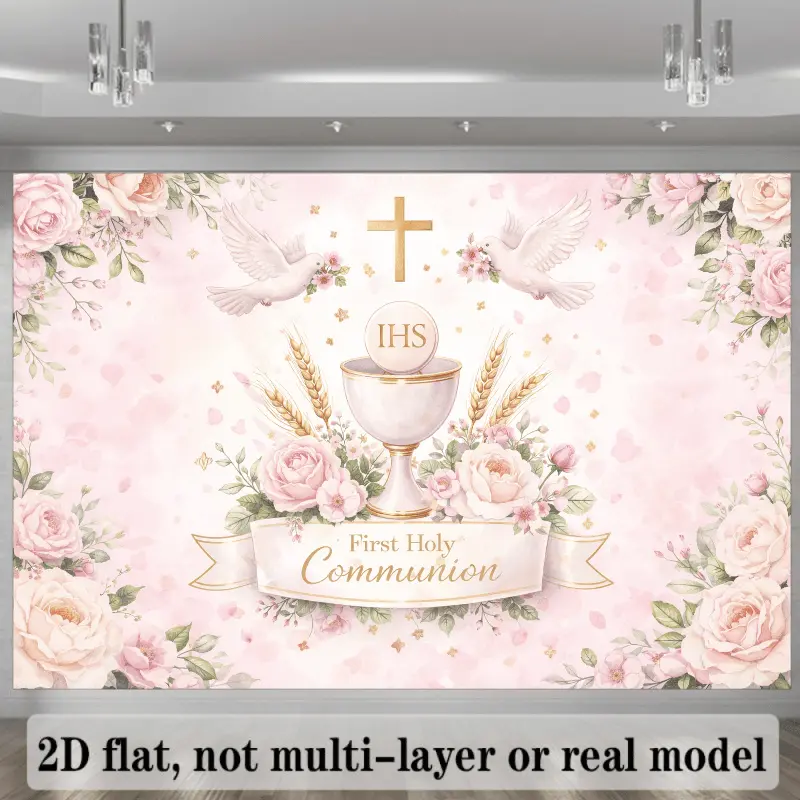 First Holy Communion Glam Decorated Throw Banner Backdrop - Durable Textile with Religious Illustrations, Golden Chalice, Cross, Bible, Pink Roses, Cloud Background, Soft Glow for Religious Ceremonies, Weddings, Indoors