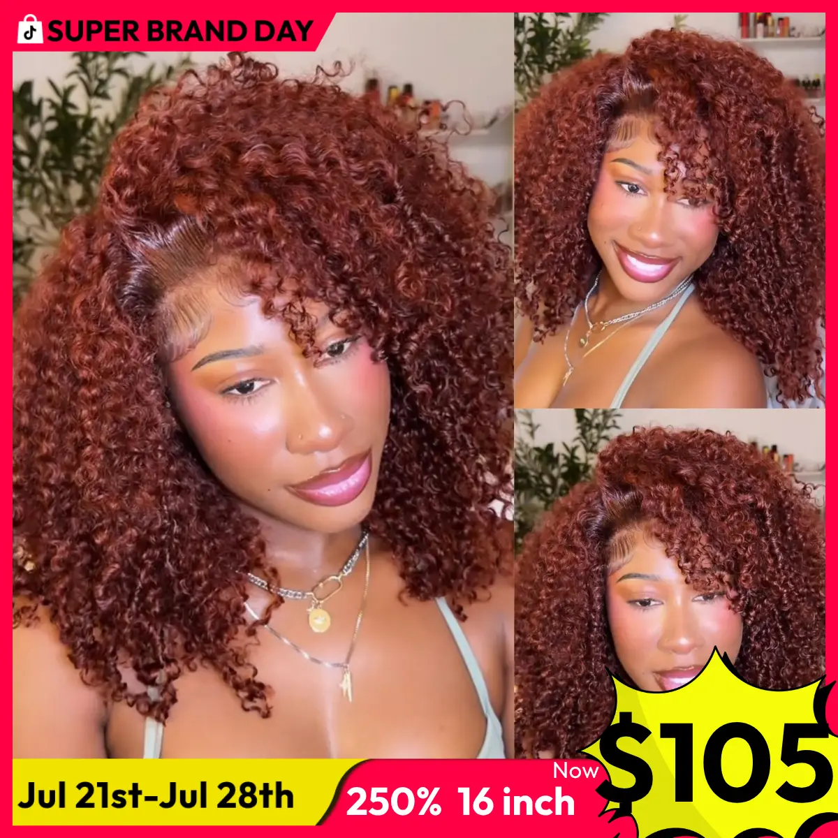 UNice 250% Density Reddish Brown Fluffy Afro Kinky Curly with Layered Finger Coil Ends Glueless 7x5 HD Lace Closure Human Hair Wigs No Slip Beginner-Friendly Natural Looking Summer Wig Super Brand Day