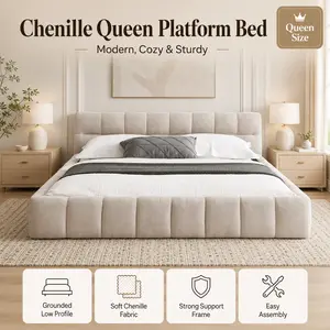 Super Beige Queen Size Chenille Upholstered Platform Bed Frame with Headboard No Box Spring Needed Grounded Low Profile Comfy Cloud Bed for Master Bedroom Neutral Apartment Finds Aesthetic Room Decor Lifestyle Solutions