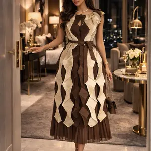 Women's 2-Piece Mocha Grace Classy Clothing Set - Brown & Beige Geometric Striped, Belted Waist, Sleeveless Top, Flowing Skirt, Lightweight Chic Fabric, Fitted, Simple, Elegant Feminine Comfortable Outfits