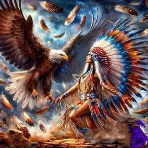 Native American Warrior Bald Eagle Feather 5D Full Drill Diamond Painting Kit Tribal Design with Shimmering Feather and Sky Accents Spiritual Wildlife Art Style Handcraft DIY Art for Home Wall Decor Ideal Gift for Cultural and Craft Enthusiasts