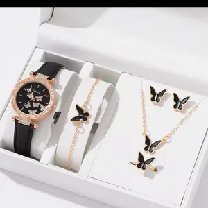 Elegant Butterfly Watch Set with Rhinestone Accents - Includes Bracelet, Necklace, and Earrings - Perfect Gift for Women