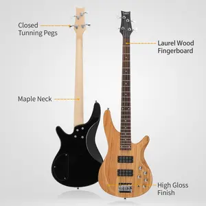 Beginner-Friendly 46-60 Inch Wooden Body 4-String GIB Electric Bass Guitar, H-H Pickups, Laurel Wood Fingerboard, High Gloss Burlywood Finish, Carry Bag & Accessories