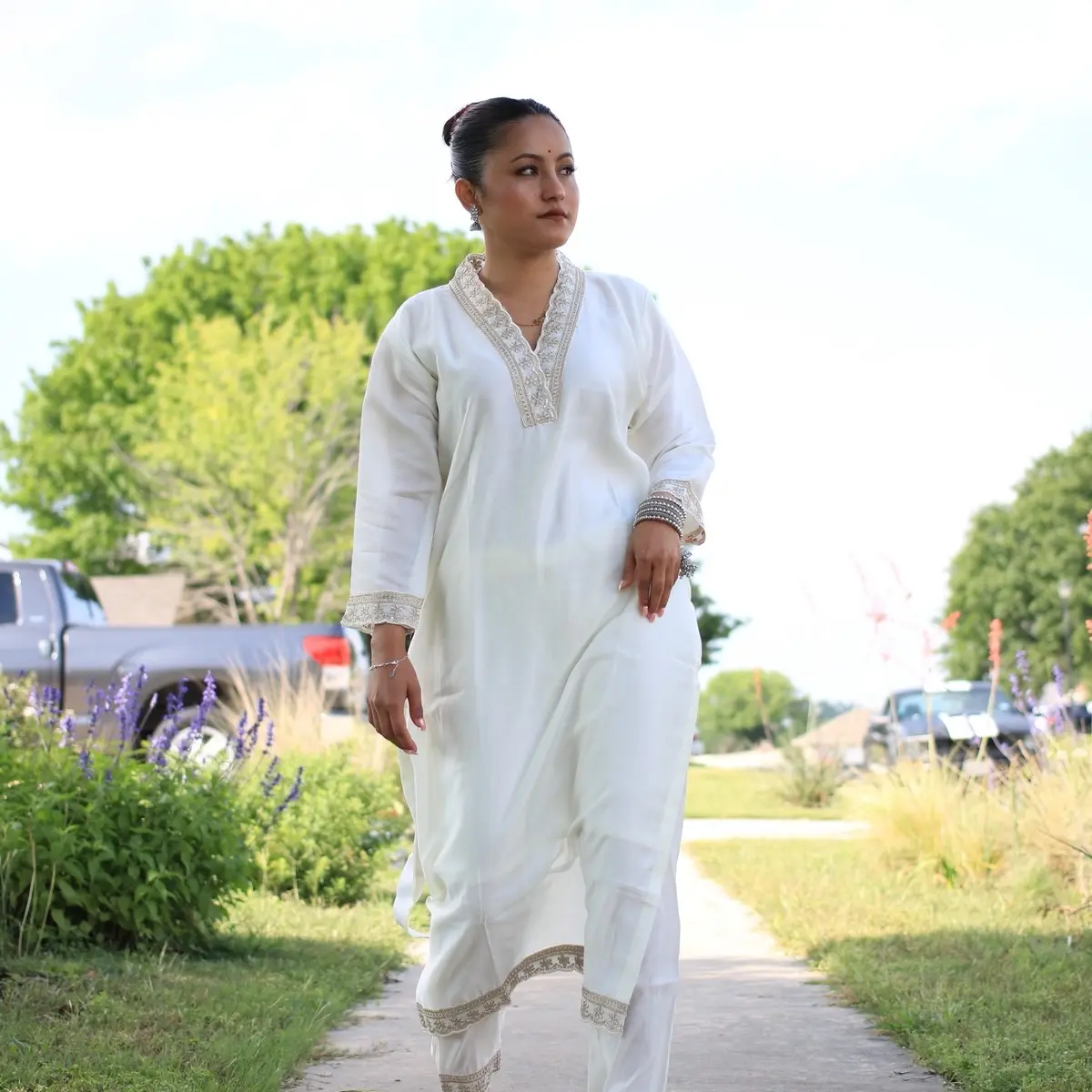 White Roman silk designer kurti Traditional
