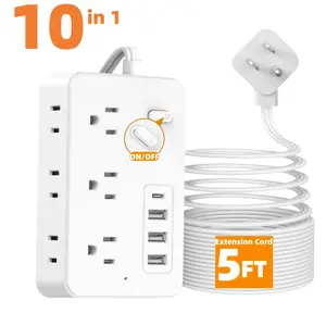 10-in-1 Power Strip Surge Protector with 6AC Outlets, 3USB &1Type-C Ports | 5FT Multi Plug Outlet Expander, Compact Desk Multi-plug Outlet | Flat Plug Design, Space-Saving Extension Cord for Home, Office And Kitchen