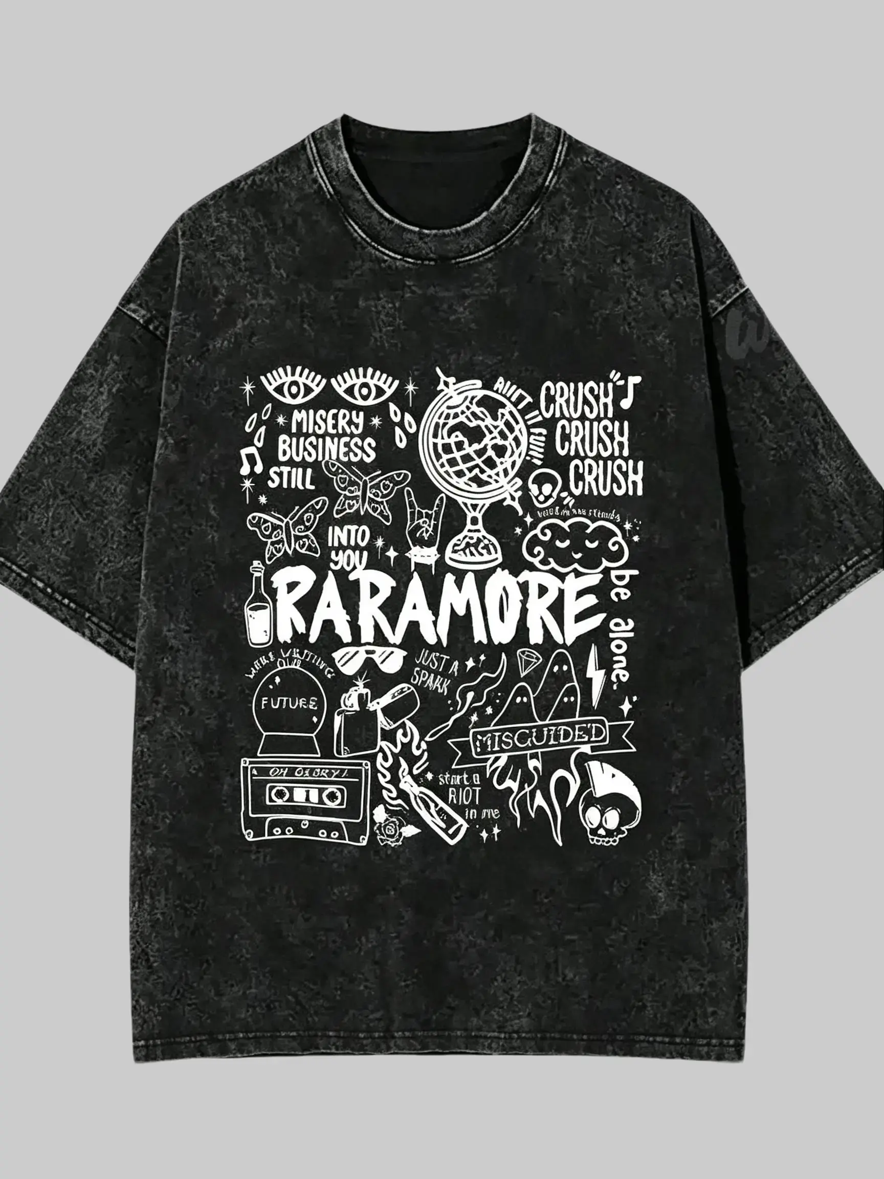 Men's Vintage Paramore Doodle Art Oversized Baggy Loose Tshirt - Washed Black Cotton Short-Sleeve Crewneck Top, Misery Business Lyrics Pop Punk Band Graphic Streetwear Casual Concert Tee
