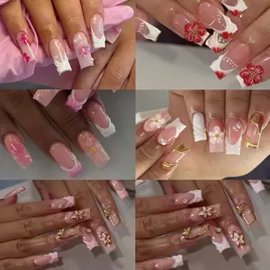 144pcs Medium Almond Press-On Nails, Summer 3D Gel Petal Design, French with Small Pearls and Studs, for Women and Girls, Flower Design Nails, Press On Sets