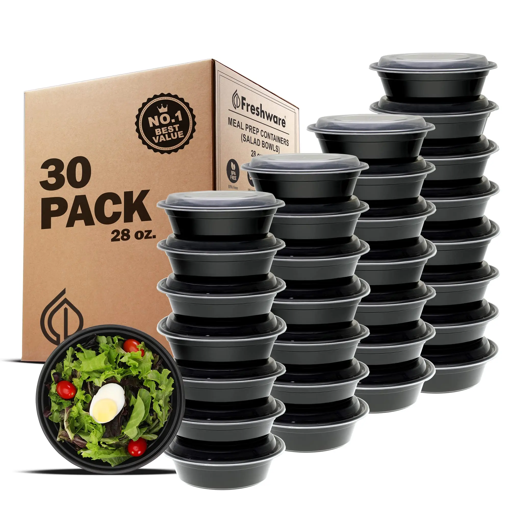 30 Pack Round Meal Prep Bowls 28 oz BPA-Free Food Storage Containers with Airtight Lids Leakproof Microwave Freezer Dishwasher Safe