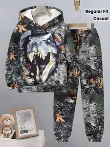 Boys' 3D Dinosaur Hooded Sportswear Set, Casual Fitted Short Pants, Athletic Tracksuit, Sporty Style Clothes, Perfect for Spring & Fall, Outdoor Activities, School Season