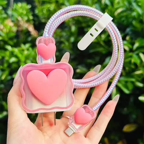 3D Heart Shaped Design Smartphone Charger & Data Cable Protective Case, Decorative Charger & Data Cable Protector, Electronic Phone Accessories Compatible with Apple 20W Charger, Cellphone Charging