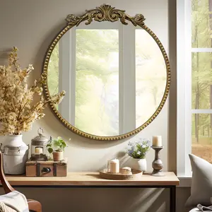Farmhouse Round Mirror Baroque Style 24''/28'' Circle Mirror Vintage Black Metal Frame Wall Mirrors for Vanity, Bathroom or Bedroom