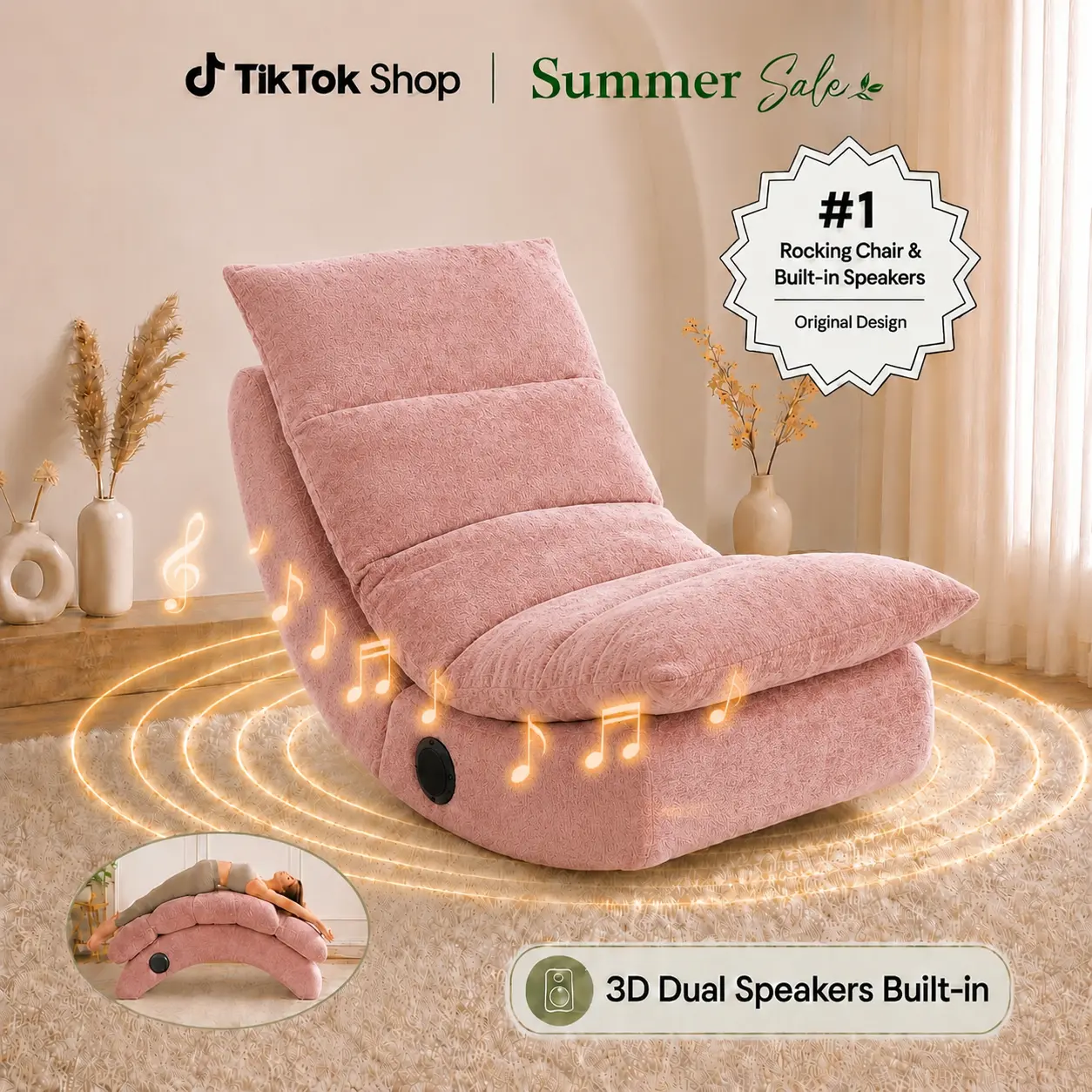 Summerwins Ergonomic Yoga Recliner Chair for Adults, Chenille Fabric Lounge Chair with Built-in Speakers, Good Rebound, Easy-Move Father’s Day Gift