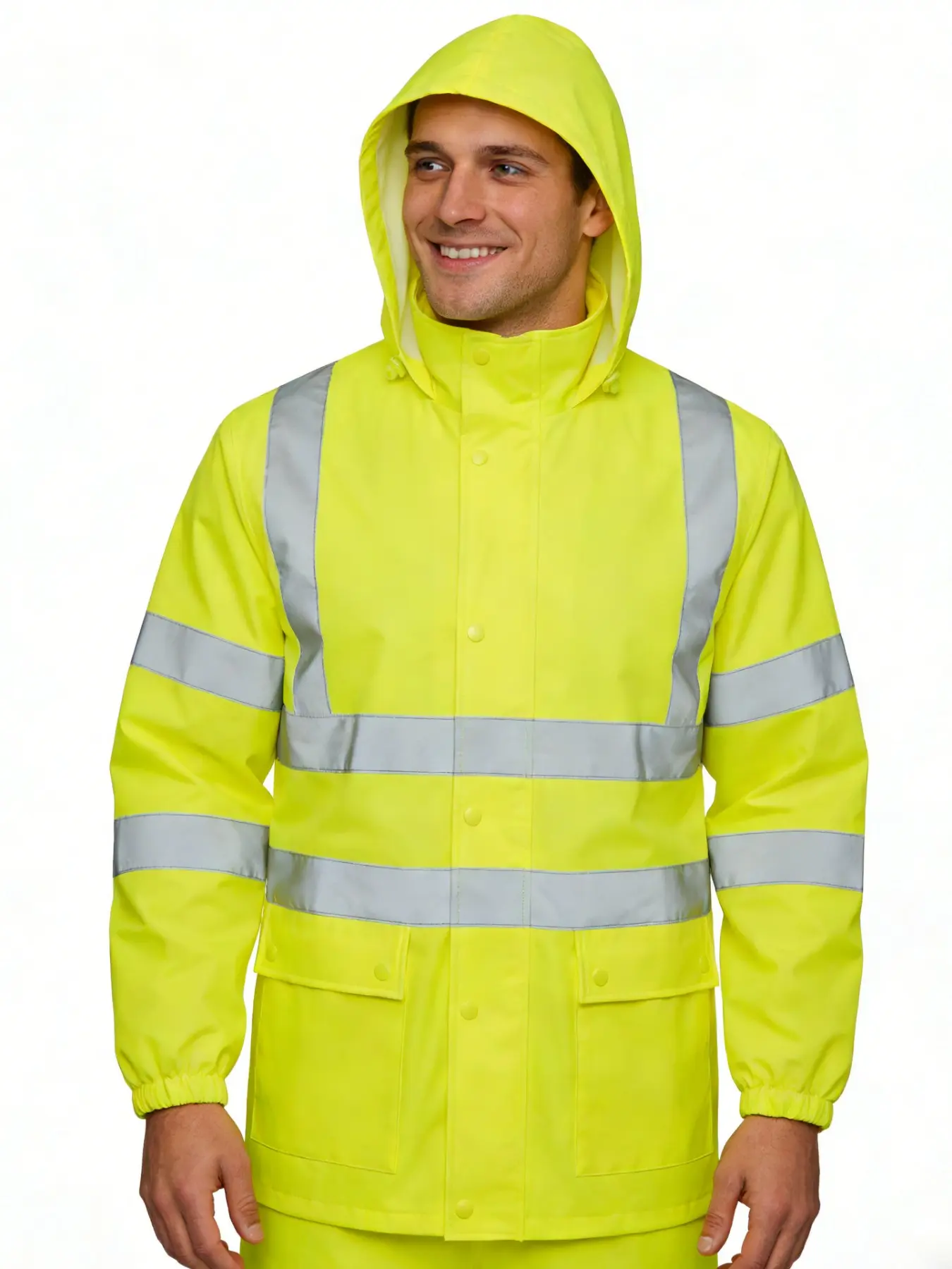 Men's High Visibility Reflective Hooded Raincoat, Waterproof Windproof Fabric, Drawstring Hood Design, Ideal for Transportation, Construction, Fishing