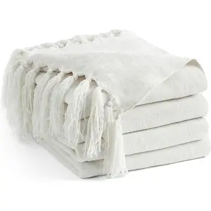 Chenille Throw Blanket for Couch 50"X 60", Soft Cozy Throws with Fringe Tassel for Bed Sofa Chair, Lightweight Knitted Decorative Farmhouse Boho Blanketss for ,  White