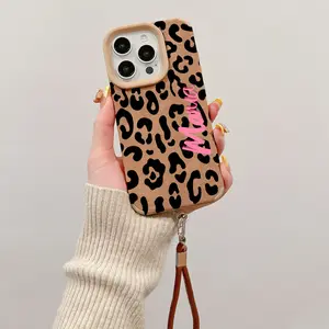 Lanyard Luxury Matte Lambskin Faux Leather Phone Case for iPhone 15 Plus 16 Pro Max 14 13 12 11 XS XR Leopard Mama Pattern Anti-Scratch Shockproof Soft Silicone Protective Cover