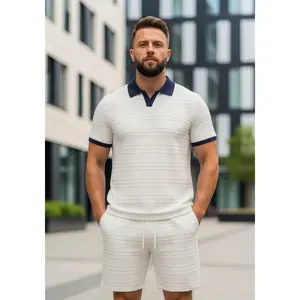 Premium breathable knitted men’s casual polo matching set, classic V collar lapel style, durable stylish embossed pattern, ideal elegant casual wear for all male body shapes in hot summer