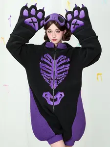Micotaku Black and Purple Cat Skull Plush Onesie Pajama with Eye Mask and Paws
