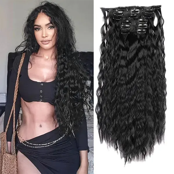 VOSILK Clip-In Hair Extensions, 24 Inch Water Wave Synthetic Hair Pieces for Women, 6-Piece Set for Full Volume & Secure Fit, for Dance & Christmas, Black, Clip Hair Extensions, Synthetic Extensions & Pieces