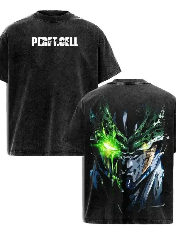 Perfect Cell DBZ Vintage Washed Oversized Anime T-Shirt Bio-Android Evolution Graphic Tee Green Aura Streetwear Heavyweight Cotton Unisex Gift Shortsleeve Casual Crewneck Round Neck Menswear