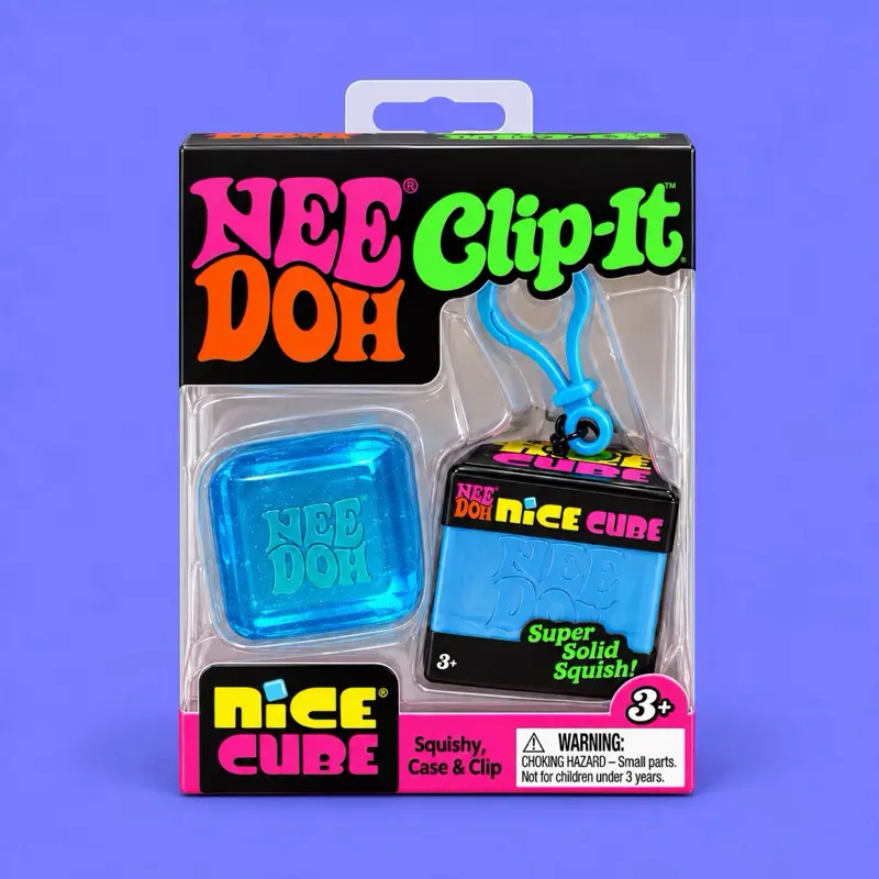 NeeDoh Nice Cube Clip-It Blue Squishy Fidget Toy with Matching Carry Case & Clip – Stress Relief Sensory Toy - Collectible