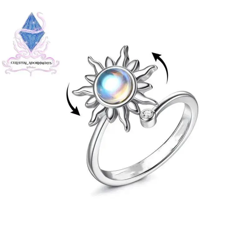 Celestial Spin Rotating Sunflower Moonstone Ring Adjustable Spinner Design for Cosmic Calm & Anxiety Relief