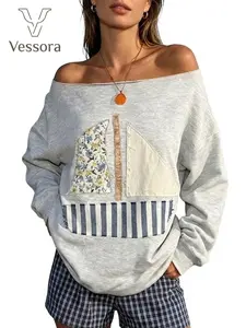 Vessora Womens Off Shoulder Patchwork Sweatshirt Boat Neck Long Sleeve Oversized Pullover Casual Slouchy Top Cozy Streetwear Lounge Shirt