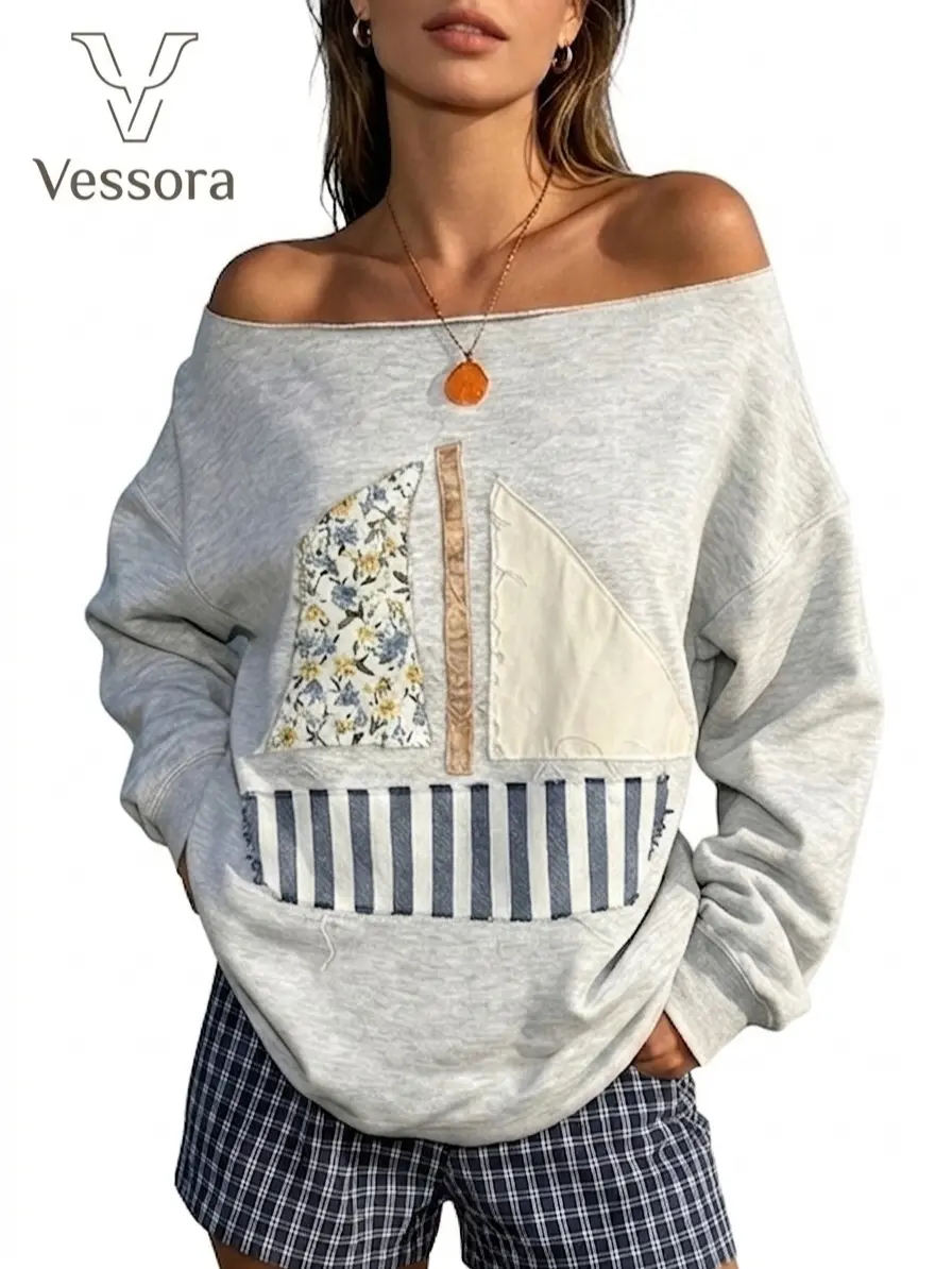Women's Fashion Coastal Sailboat Print Hoodie - Oversized, Loose-Fitting, Lightweight, Breathable, Vintage, Casual, Thin Polyester Long-Sleeve Boat Neck Pullover, Comfortable, Machine Washable, Do Not Dry Clean for Spring Cottagecore Beach Use