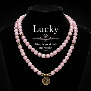 ARPURRAINA Lucky 8mm Crystal Rose Quartz Healing Stone 108 Mala Beads Luck Necklace Long Beaded Wrap Bracelets Genuine Gemstone Mala Prayer Beads Lotus Buddha Charm Yoga Meditation Necklace Jewelry Elegant with Lotus Gift Ramadan Long Chain Sweater Chain