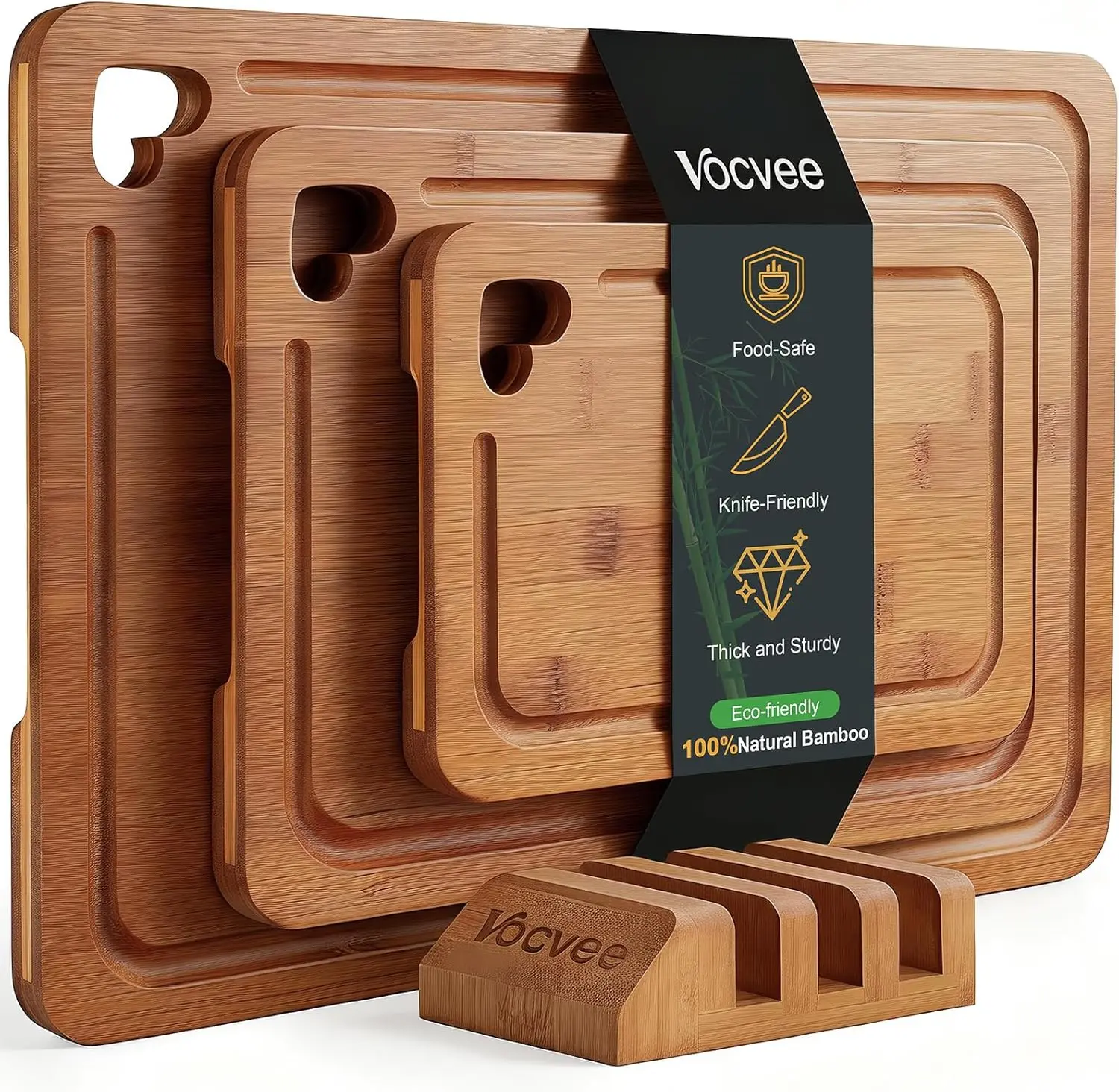 Bamboo Cutting Boards for Kitchen(Set of 3), Wood Cutting Board with Wood Storage Stand, Charcuterie & Chopping Board for Vegetables and Meat, with Deep Juice Groove, Ideal Kitchen Gifts Vocvee