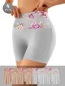 QUASTI 4-Piece High-Waisted Elegance Shaping Women's Shorts, Printed Patchwork Design, Lightweight, Soft and Silky Fabric, Shaping Sports Shorts, Lifts Hips and Tummy Style, High-Elasticity, Breathable, Everyday Essential panties, Womenswear Sizes S-XXL