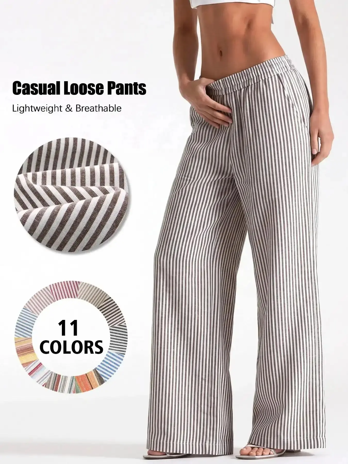 Women's Linen Feel Drape Vertical Stripe Trousers Elastic Waist Straight Leg Lightweight Breathable Summer Pants Bottom essential wardrobe urban streetwear relaxed style casual essential classic fit versatile style