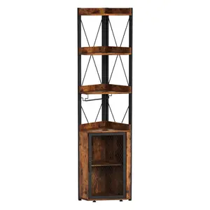 Space-Saving Industrial Corner Bar Cabinet, 4-Tier Freestanding Wine Rack with Glass Holder, Adjustable Shelves, Anti-Tip Kit, Rustic Liquor Storage Sideboard & Display for Home Bar, Dining Room