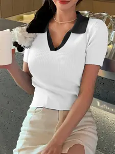 Women's Plain Contrast Trim Knitted Polo Shirt, Casual Short Sleeve Collared Top for Summer, Ladies Clothes for Daily Wear