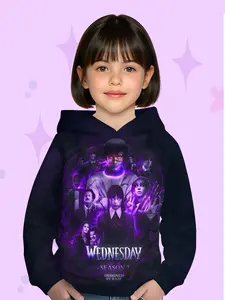 Wednesday Season 2 Group Shot Women's Dark Full-Print Hoodie, Casual Fitted Long Sleeve, Fall & Winter Fashion